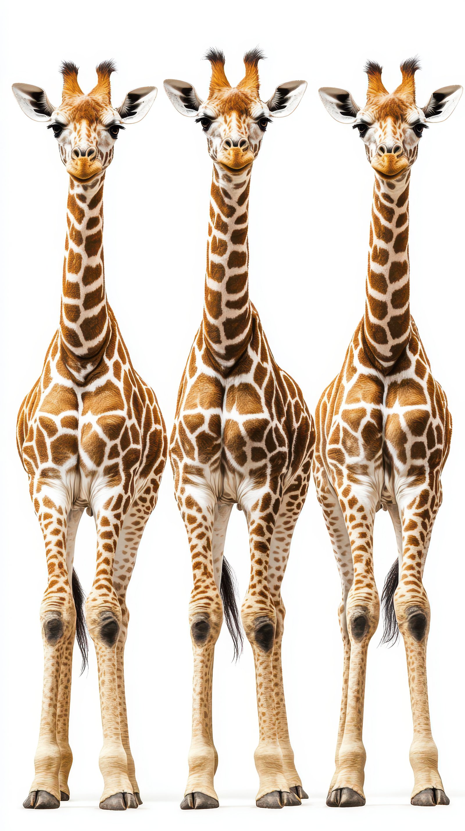 Giraffes standing side by side in a studio setting with a clear white background